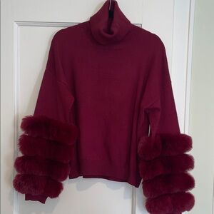 Elegant Maroon Turtleneck Sweater with Faux Fur Sleeves